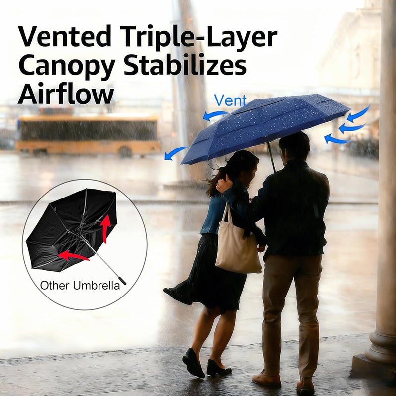 MasterUmbrella 3-Layer Vented Canopy Windproof Commuter Umbrella for Rain, Auto Open/Close, 10 Fiberglass Ribs, Wooden Handle, 13" Folded, 47" Large Coverage for 1–2 People, Lifetime Replacement - Image 5